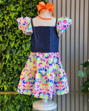 Conjunto Meninas Blusa Jeans e Saia Colorida Luxo Casual