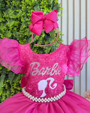 Vestido Infantil Barbie Pink Com Cinto de Pérolas
