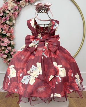 Vestido Infantil Marsala Florido Cinto de Pérolas Festas