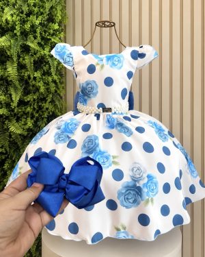 Vestido Infantil Azul Florido + Tiara ou Laço
