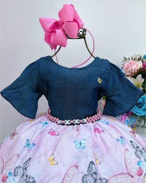 Vestido Infantil Peito Jeans Saia Rosa Borboletas Pérolas