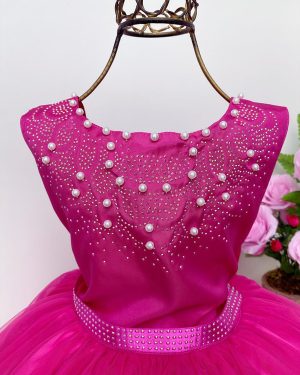 Vestido Infantil Damas de Honra Longo Pink Strass e Pérolas