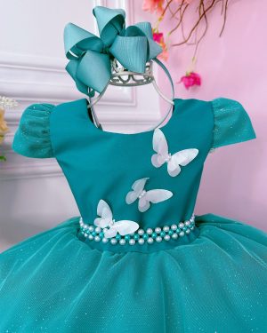 Vestido Infantil Verde Glitter Aplique de Borboletas