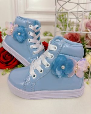 Coturno Infantil Azul Bebê C/ Cadarço Florzinha Borboleta