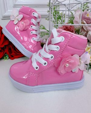 Coturno Infantil Rosa Chiclete Cadarço Florzinha Borboleta