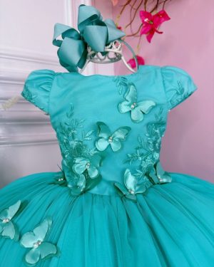 Vestido Infantil Verde C/ Renda C/ Aplique Borboletas Damas
