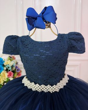 Vestido Infantil Azul Marinho Tule e Renda Longo Dama Luxo