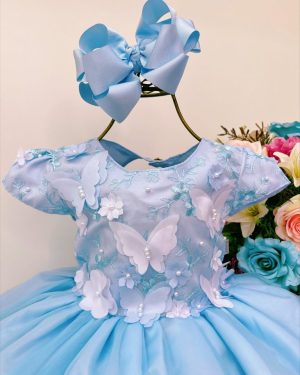 Vestido Infantil Azul Aplique Borboletas e Flores Renda Luxo