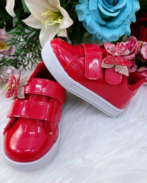 Tênis Vermelho Verniz Rosa Aplique Borboleta Velcro Meninas