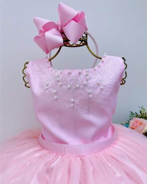 Vestido Infantil Damas de Honra Longo Rosa Pérolas Luxo