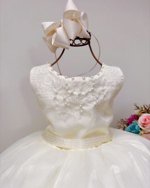 Vestido Infantil Damas de Honra Longo Marfim Pérolas
