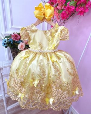 Vestido Infantil Amarelo Renda Realeza e Aplique Borboletas