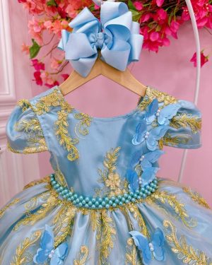 Vestido Infantil Azul Renda Realeza e Aplique de Borboletas