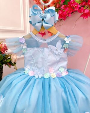 Vestido Infantil Jardim Encantado Azul C/ Aplique Pérolas