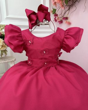 Vestido Infantil Pink Com Apliques de Borboletas e Flores