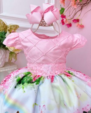Vestido Infantil Rosa Jardim Encantado Bosque Apliques