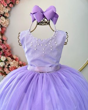 Vestido Infantil Damas de Honra Longo Lilás Pérolas e Strass