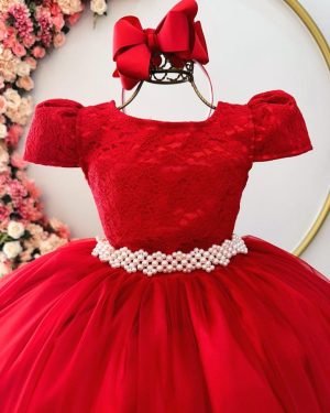 Vestido Infantil Vermelho Tule Renda Longo Dama Casamento
