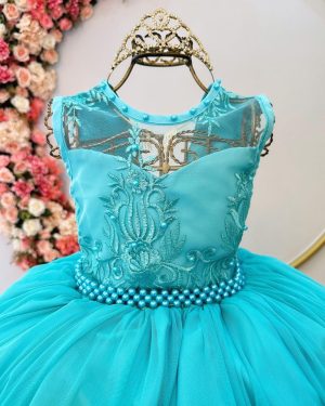 Vestido Infantil Longo Verde C/ Renda e Pérolas Damas Festa