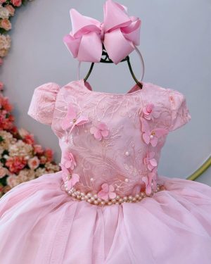 Vestido Infantil Rosa Damas C/ Renda e Aplique Borboletas