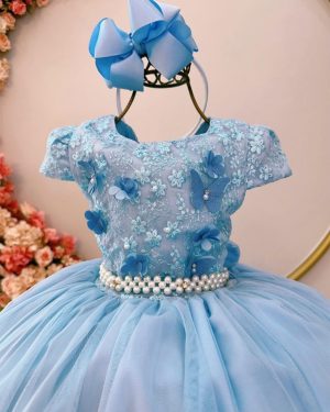 Vestido Infantil Azul Damas C/ Renda e Aplique Borboletas