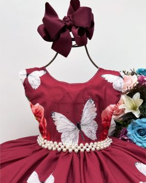 Vestido Infantil Marsala Jardim Das Borboletas Damas Floral