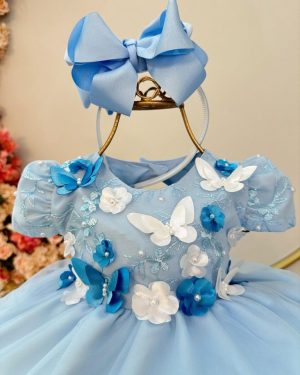 Vestido Infantil Bebê Azul C/ Renda Jardim Encantado Festa