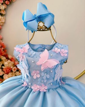 Vestido Infantil Bebê Azul C/ Aplique de Borboletas e Flores