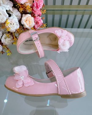 Sapatinho Rosa Bebê Verniz Aplique de Borboleta Flor Luxo
