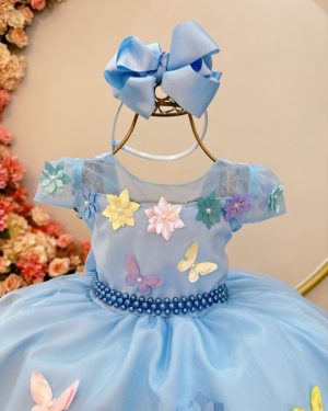 Vestido Infantil Azul C/ Aplique Borboletas e Flores Festa