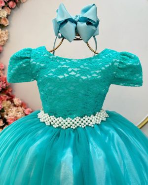 Vestido Infantil Verde Tule Renda Longo Dama Luxo Casamento