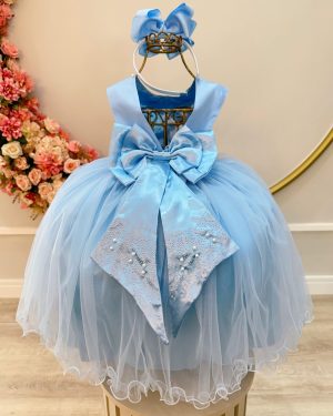 Vestido Infantil Damas de Honra Longo Azul Bebê Pérolas