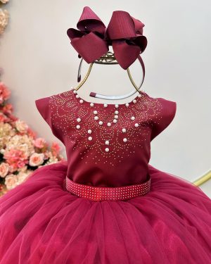 Vestido Infantil Damas de Honra Longo Marsala Pérolas