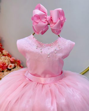 Vestido Infantil Damas de Honra Longo Rosa Pérolas