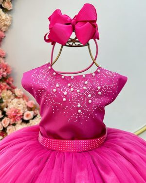 Vestido Infantil Pink Damas de Honra Longo Pérolas e Strass