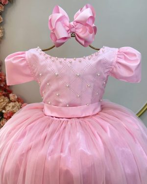 Vestido Infantil Longo Rosa Com Strass e Pérolas Daminhas