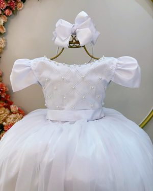 Vestido Infantil Longo Branco C/ Strass e Pérolas Daminhas