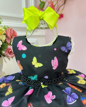 Vestido Infantil Preto Jardim das Borboletas Efeito Neon Luxo