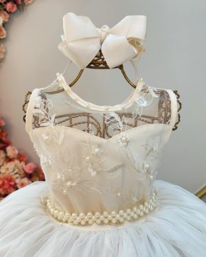 Vestido Infantil Longo Marfim C/ Renda e Pérolas Damas