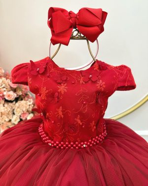 Vestido Infantil Vermelho Damas C/ Renda e Aplique Borboletas