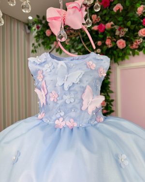 Vestido Marie Jardim das Borboletas Azul Bebe Viviane