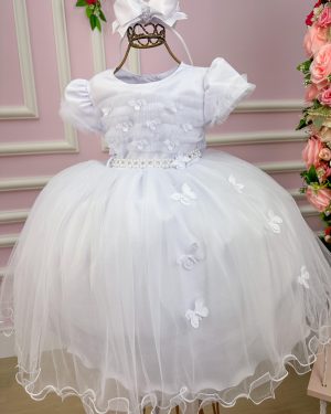 Vestido Menina Bonita Branco Borboletas Peito Tule