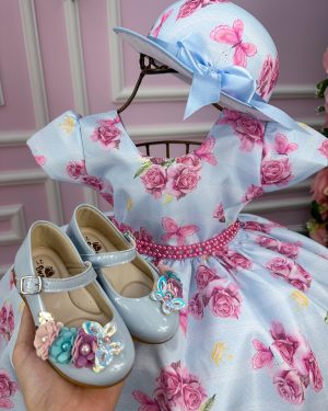 Vestido Miss Cherry Chapeu Azul Bebe Flores e Borboletas