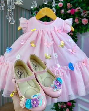 Vestido Vila Lele Jardim das Borboletas Baby Liz Rosa Bebe