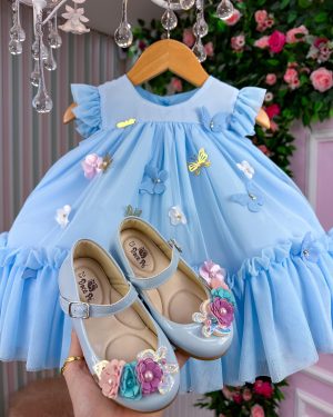 Vestido Vila Lele Jardim das Borboletas Baby Liz Azul Bebe