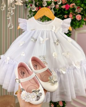 Vestido Vila Lele Jardim das Borboletas Baby Liz Branco