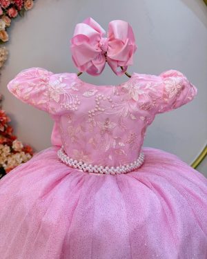 Vestido Infantil Rosa Claro C/ Renda Daminhas de Honra Longo