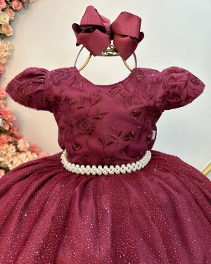 Vestido Infantil Marsala C/ Renda Daminhas de Honra Longo