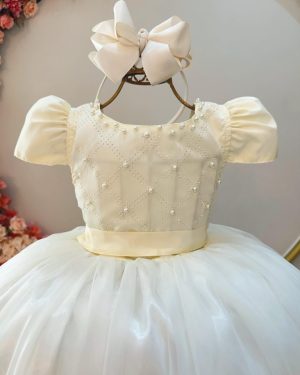 Vestido Infantil Longo Marfim Com Strass e Pérolas Damas