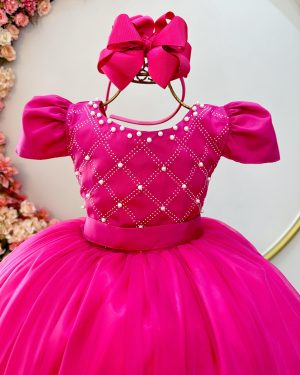Vestido Infantil Longo Pink Com Strass e Pérolas Daminhas